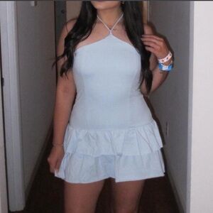 Light Blue Halter Ruffle Mini Dress